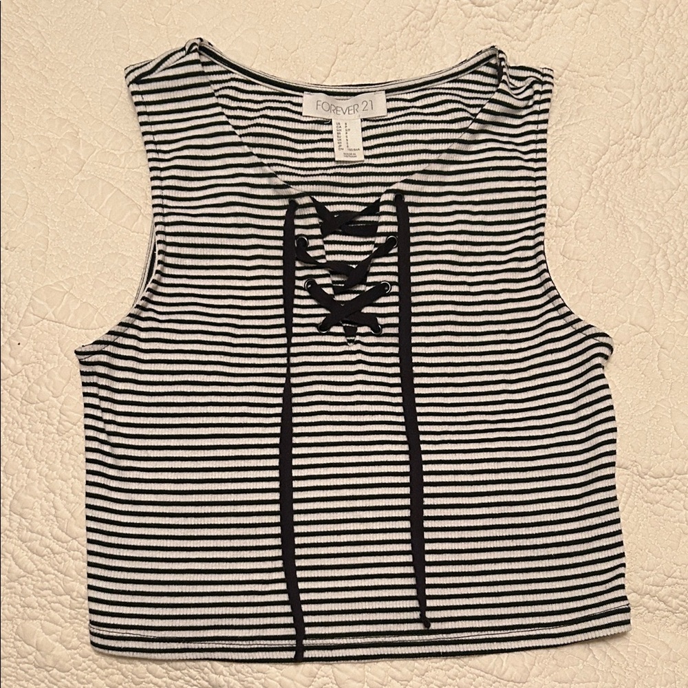 Forever 21 Striped Lace-Up Crop Top Tank